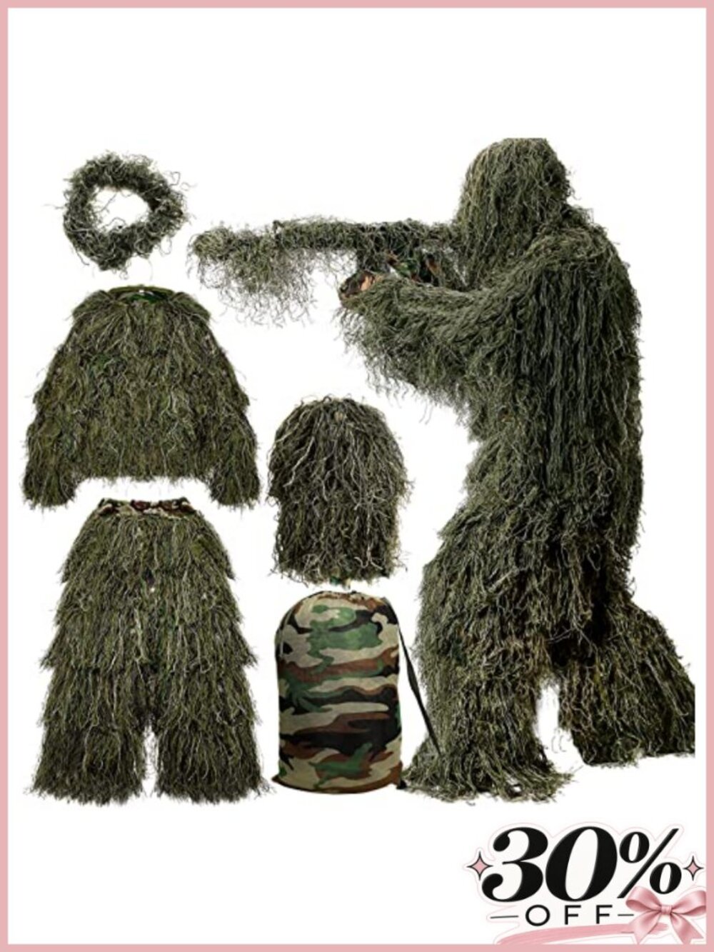 5-in-1 Ghillie Suit Camouflage Hunting Set Jacket Pants Hood Carry Bag
